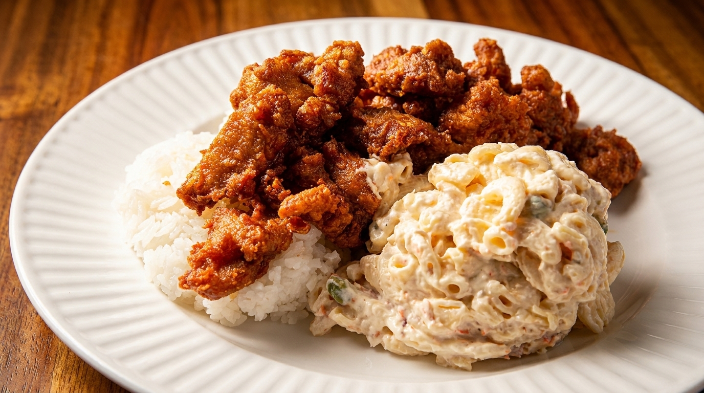Crispy fried chicken, white rice, and creamy macaroni salad on a white plate.