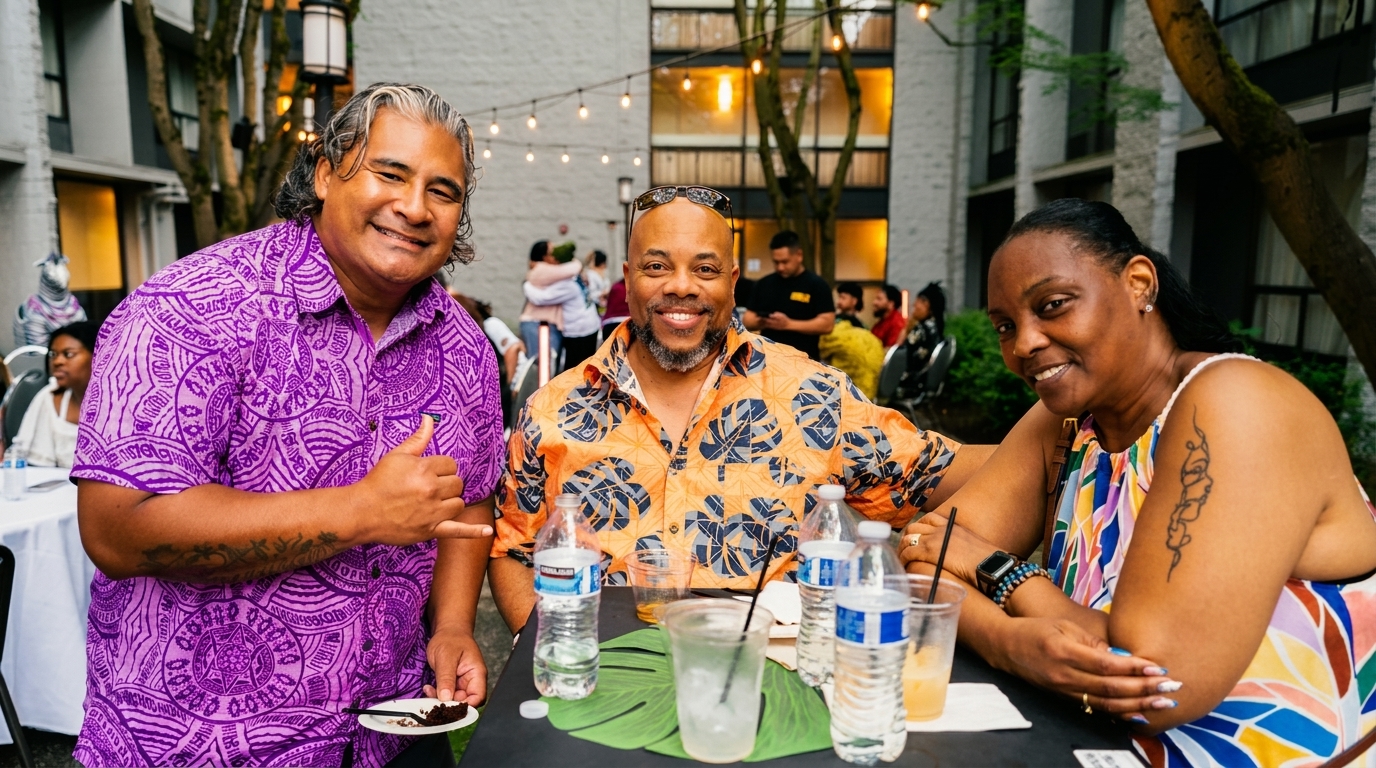 Three smiling people in colorful shirts sit at an outdoor table with drinks and dessert.