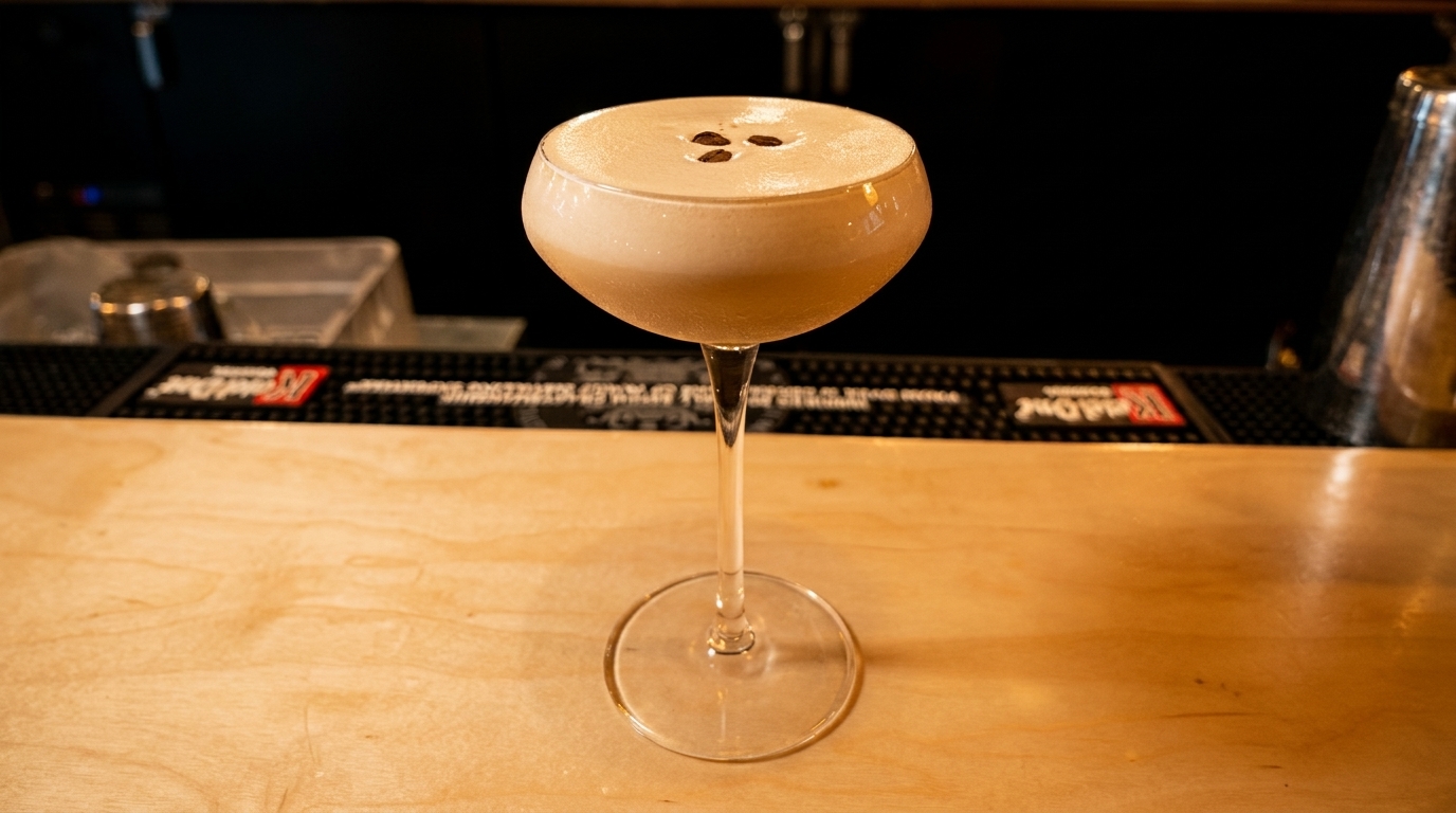 Espresso martini with foam and three coffee beans on a light wooden bar top.