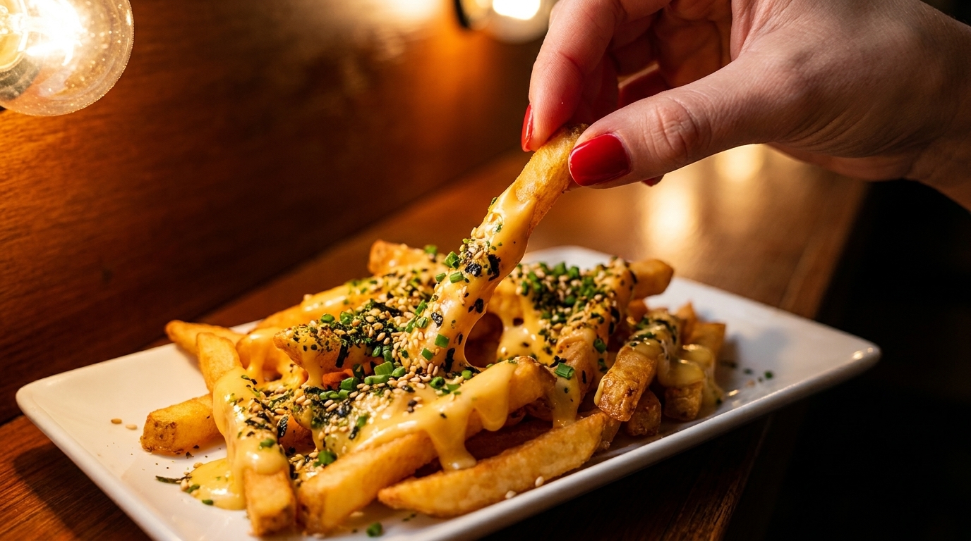 Hand with red nails picking up a cheese-covered french fry topped with chives and sesame seeds.