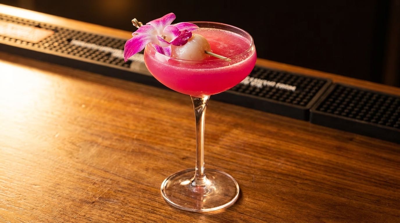 Pink cocktail in a coupe glass, garnished with a purple orchid and lychee, on a wooden bar.