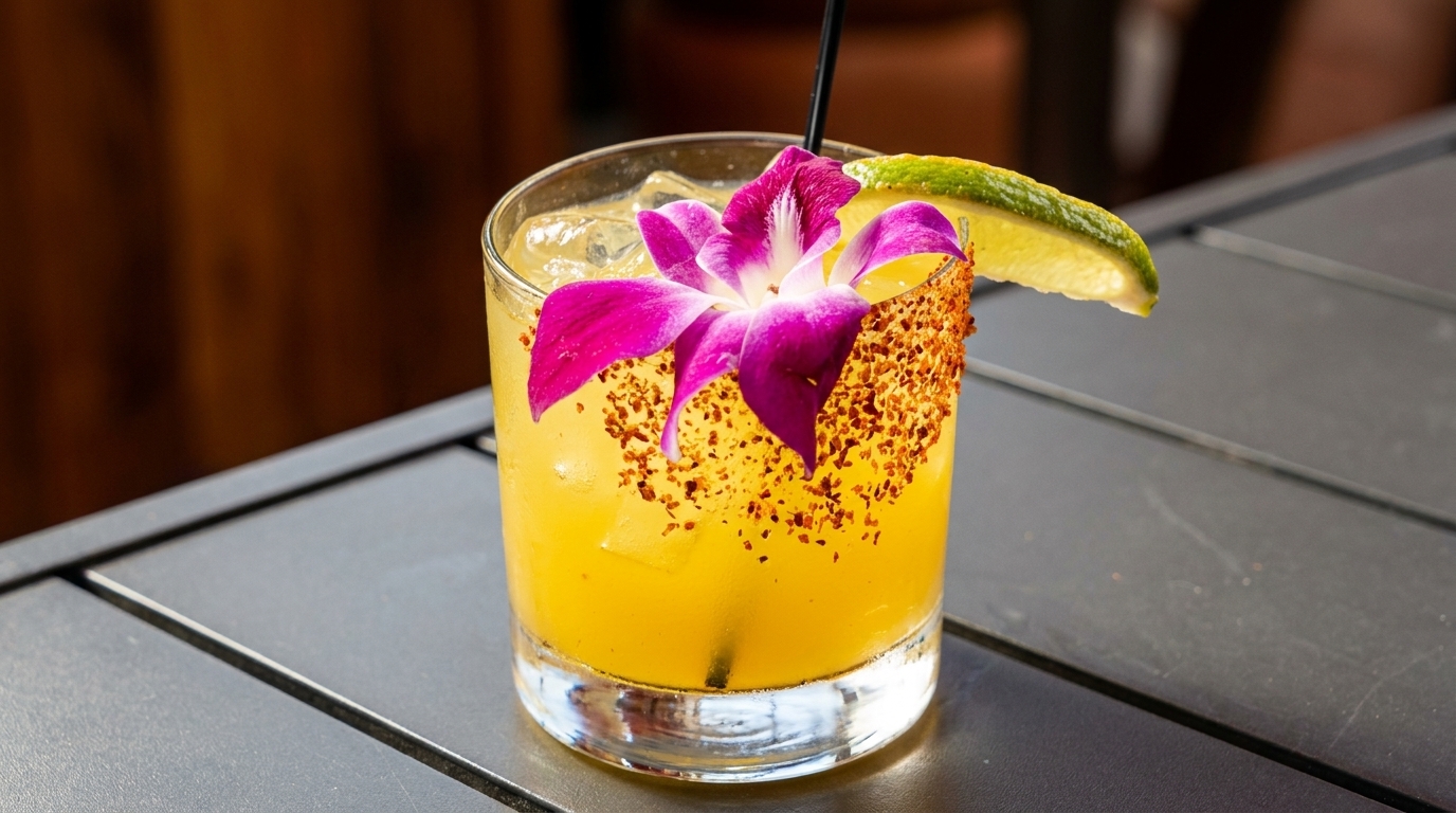 A vibrant yellow cocktail with ice, garnished with a purple orchid, lime wedge, and chili salt rim.