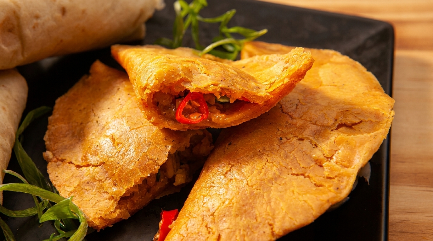 Golden-brown empanadas, one cut open to reveal a savory filling with red chili, on a black plate.