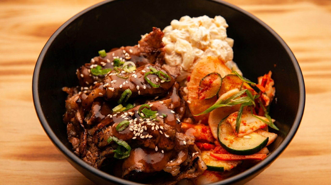 A black bowl filled with teriyaki beef, macaroni salad, and kimchi on a wooden table.