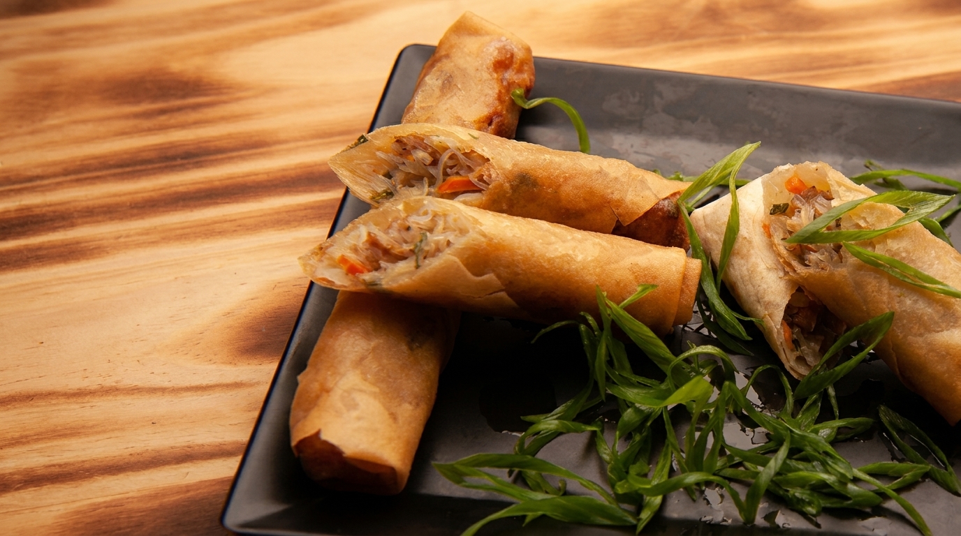 Crispy golden spring rolls, some cut open to show noodle and vegetable filling, garnished with green onions.