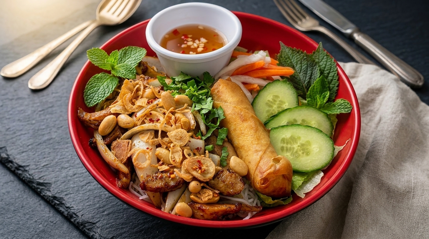 Vietnamese vermicelli noodle bowl with spring roll, peanuts, herbs, and vegetables in a red bowl.