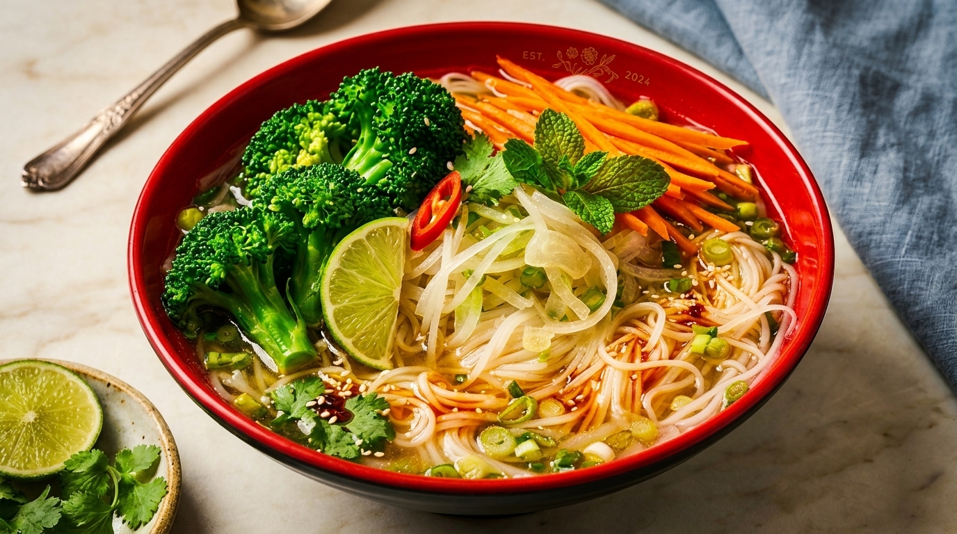 A vibrant red bowl of pho with noodles, broccoli, carrots, lime, and fresh herbs.