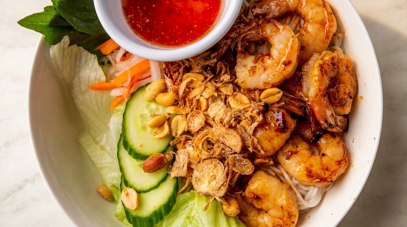 Close-up of a Vietnamese noodle bowl with grilled shrimp, peanuts, fried onions, and vegetables.