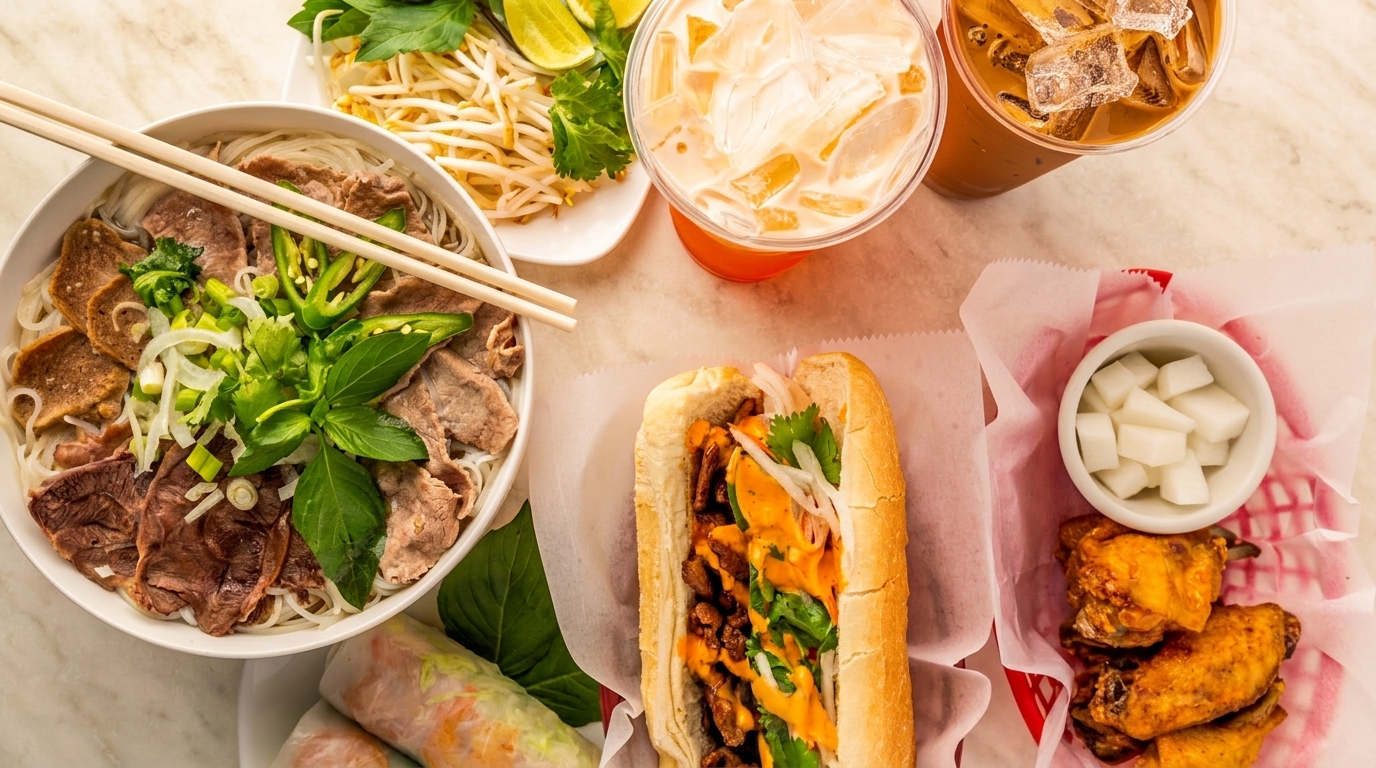 A Vietnamese feast with pho, banh mi, spring rolls, chicken wings, and iced coffee.