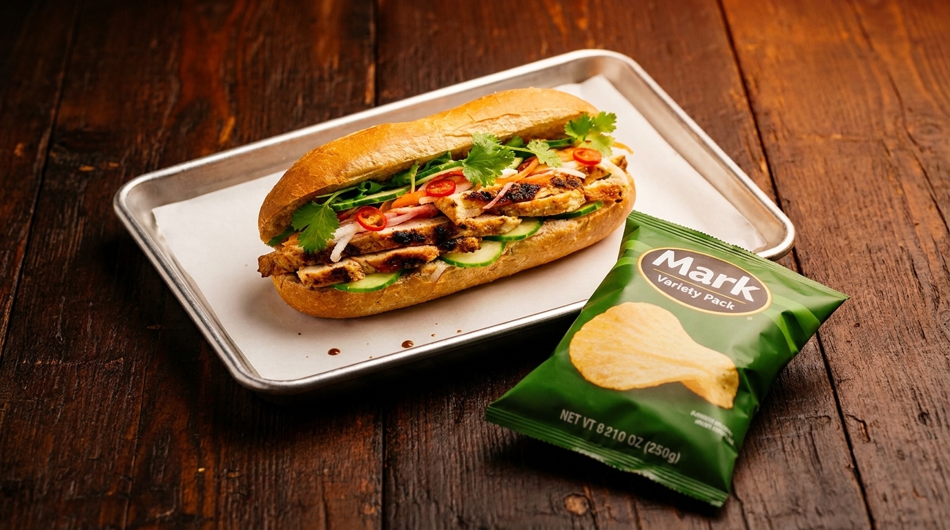 Grilled chicken banh mi sandwich with cilantro, cucumbers, and peppers on a tray with chips.
