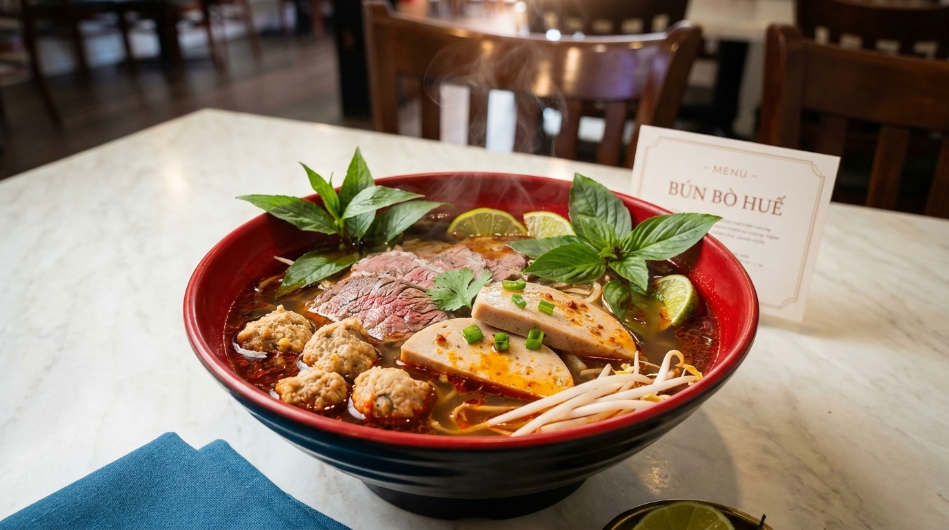 Steaming bowl of Bún Bò Huế with beef, meatballs, and herbs on a marble table.