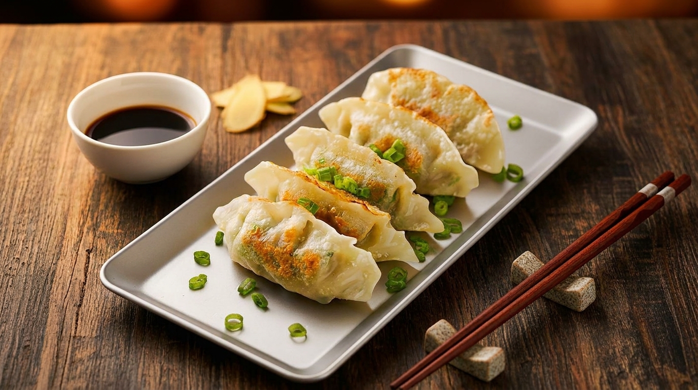 Pan-fried dumplings with green onions on a white plate, with soy sauce and chopsticks on a wooden table.