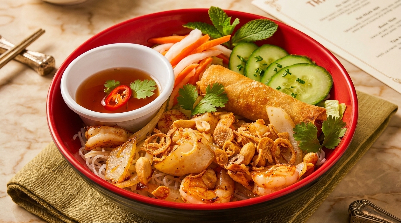 A vibrant red bowl of Vietnamese vermicelli noodles with shrimp, squid, spring roll, and vegetables.