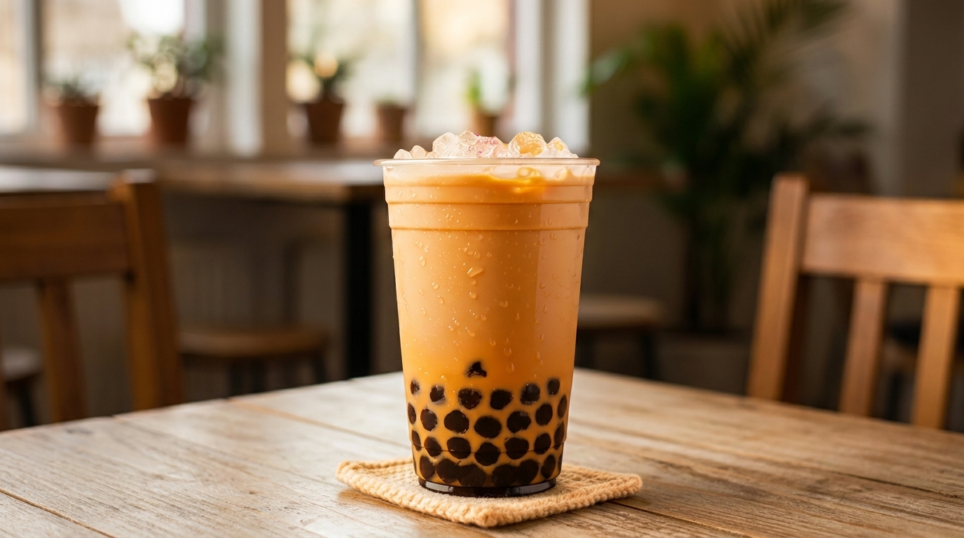 A refreshing bubble tea with tapioca pearls and ice sits on a wooden table in a cafe.