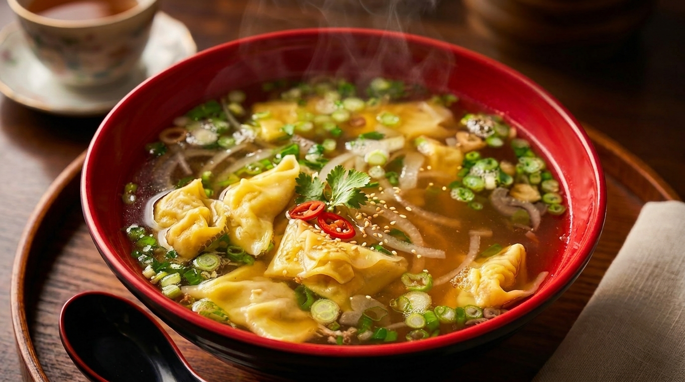 Steaming wonton soup with green onions, chili, and sesame seeds in a red bowl, with a teacup nearby.