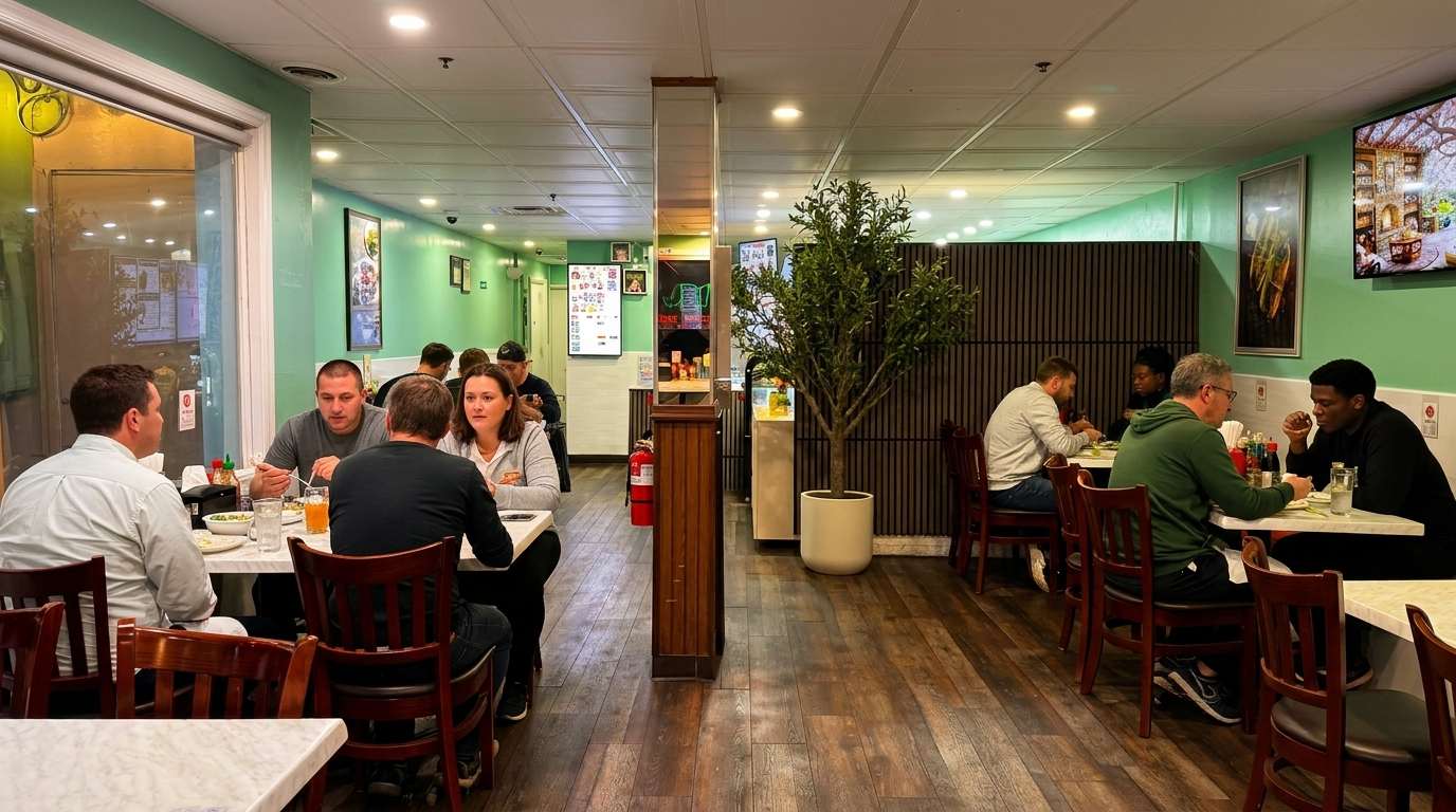 Diners seated at tables in a brightly lit restaurant with mint green walls and wood floors.