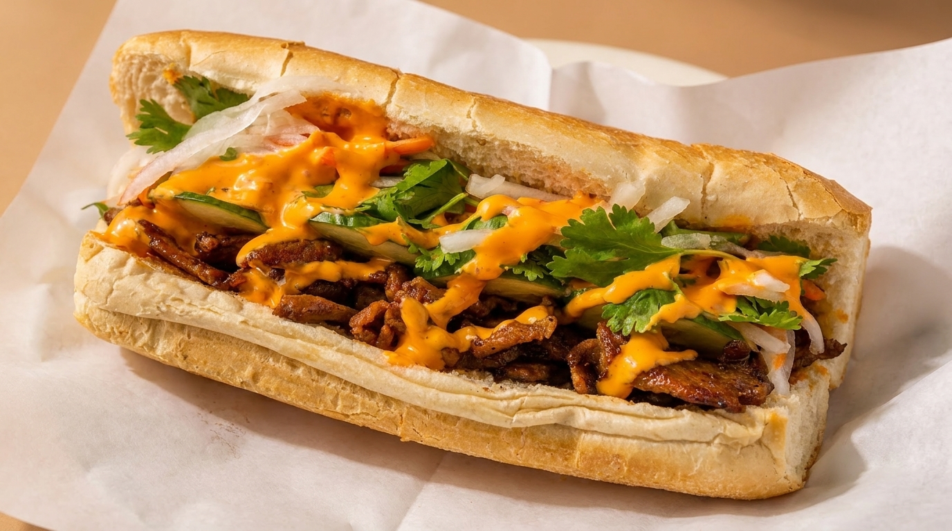 A close-up of a delicious banh mi sandwich with meat, vegetables, and orange sauce.