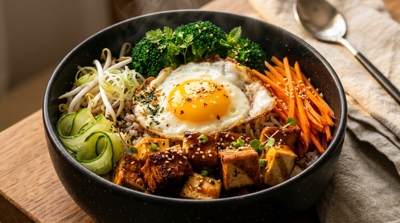 A vibrant poke bowl with fried egg, tofu, broccoli, carrots, cucumber, and bean sprouts.