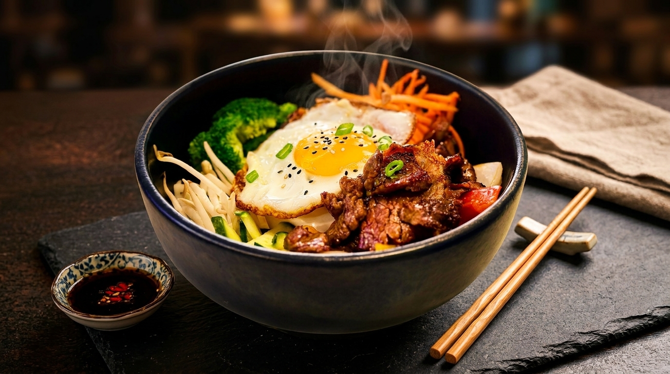Steaming bowl of bibimbap with beef, fried egg, broccoli, and various vegetables, with chopsticks and sauce.
