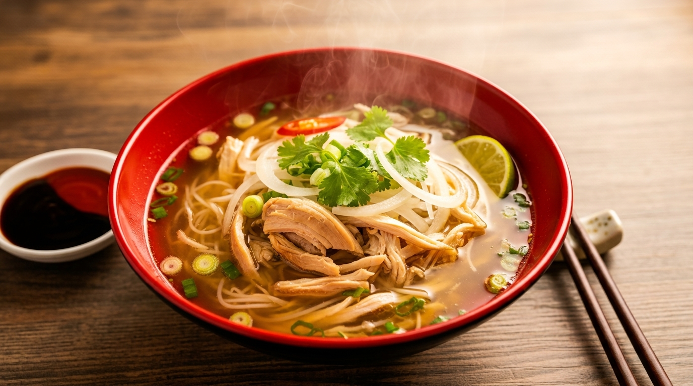 Steaming bowl of chicken pho with noodles, onions, cilantro, lime, and chili on a wooden table.