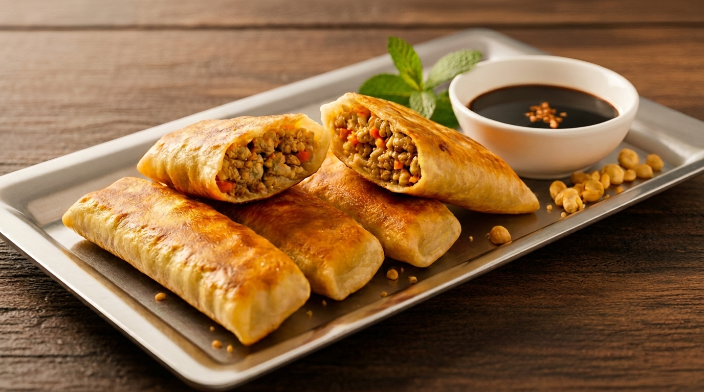 Golden-brown spring rolls, some cut open to show savory filling, with a side of dipping sauce.