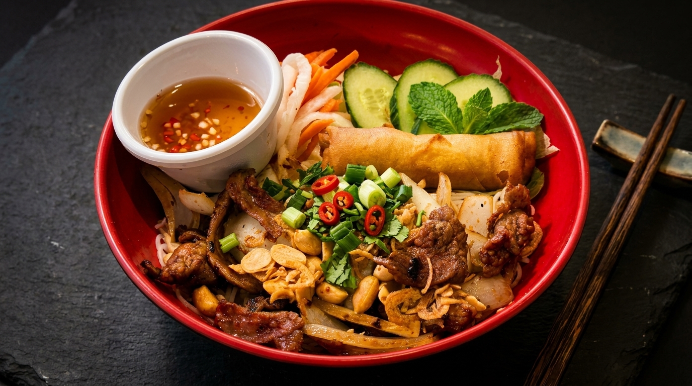 Red bowl of Vietnamese vermicelli noodles with grilled pork, spring roll, vegetables, and dipping sauce.