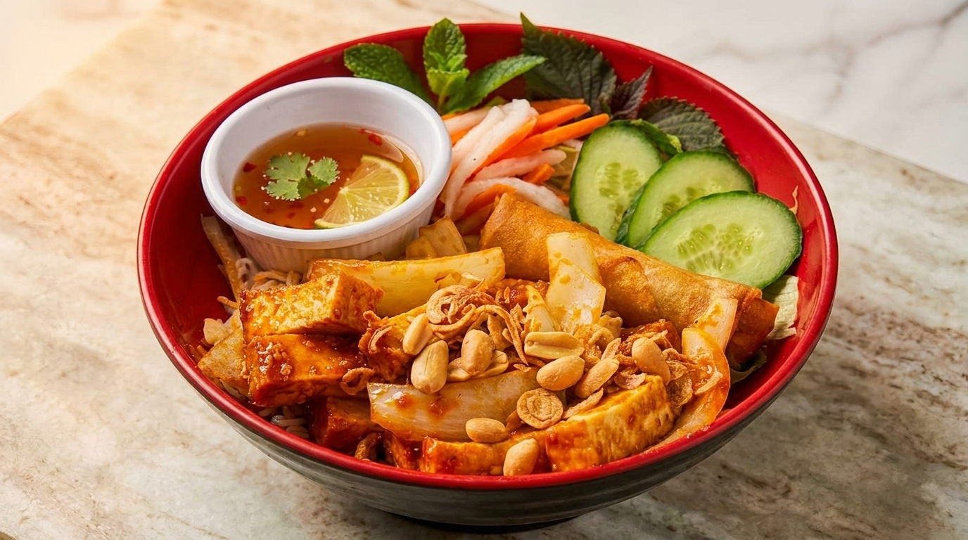 A vibrant red bowl filled with tofu, peanuts, spring rolls, cucumbers, and a side of sauce.