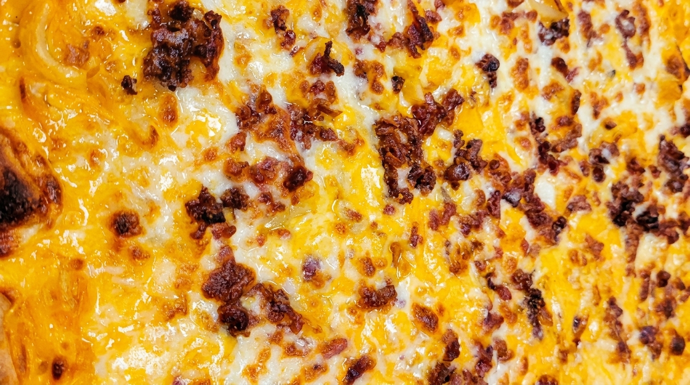 Close-up of a cheesy pizza with melted yellow and white cheese and crispy bacon bits.