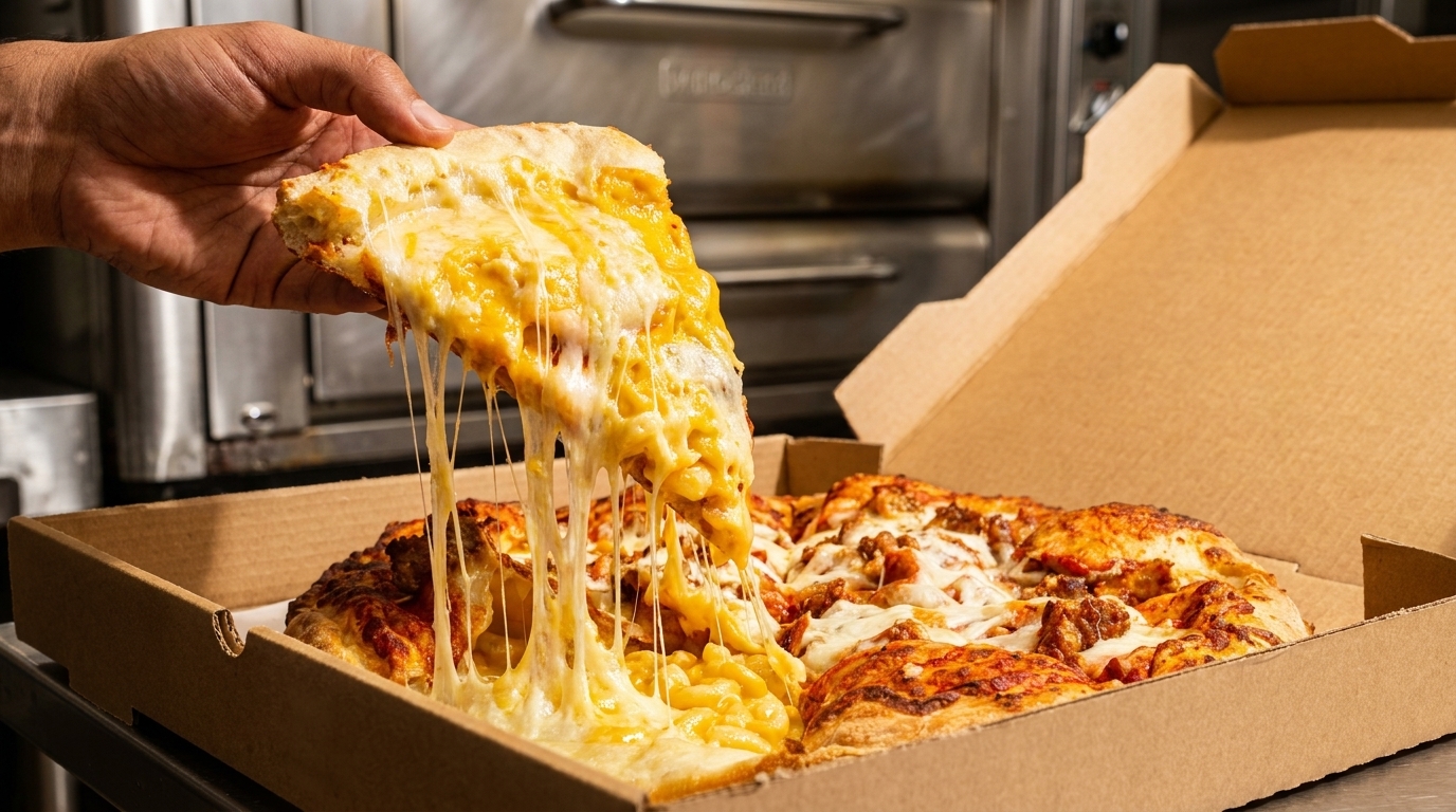 A hand lifts a slice of mac and cheese pizza from a box, with cheese stretching.