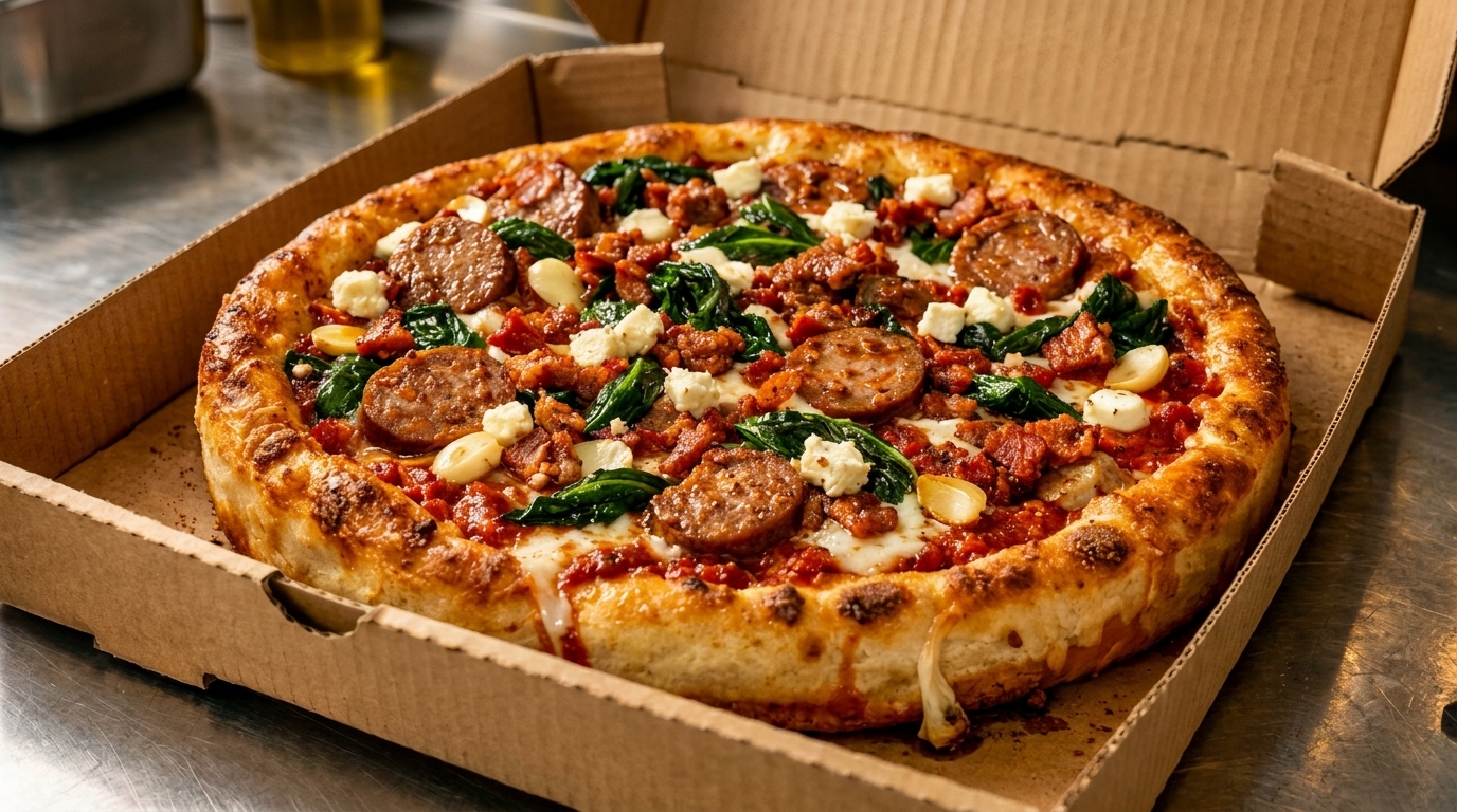 Deep-dish pizza with sausage, bacon, spinach, garlic, and cheese in a cardboard box.