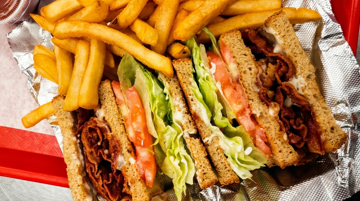 A close-up of a BLT sandwich cut into quarters, served with a side of golden french fries.