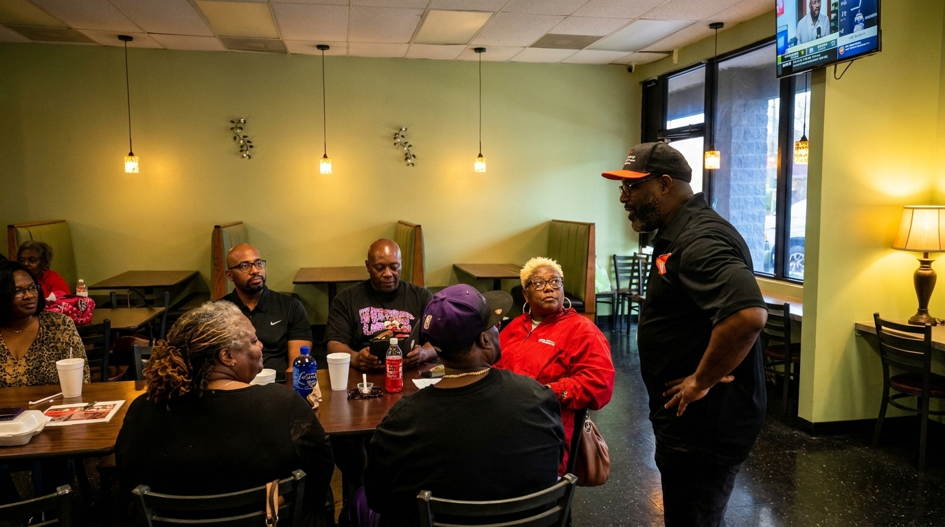 Customers seated at tables in a restaurant, with one man standing and talking to them.