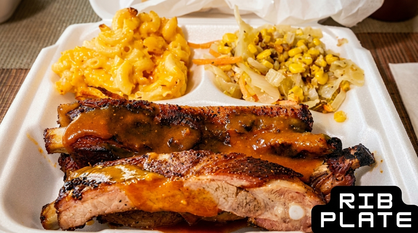 Rib plate with macaroni and cheese, and corn and cabbage in a white takeout container.