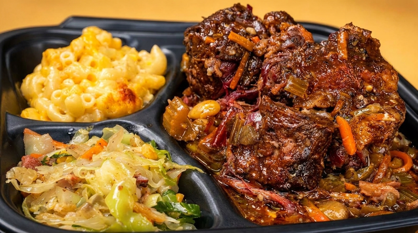 A black tray with three compartments holding oxtail, mac and cheese, and cabbage.