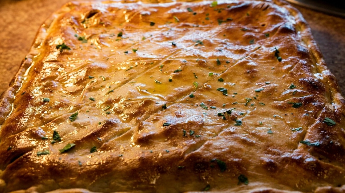Golden-brown baked pastry, possibly a calzone or savory pie, topped with herbs and a glossy finish.