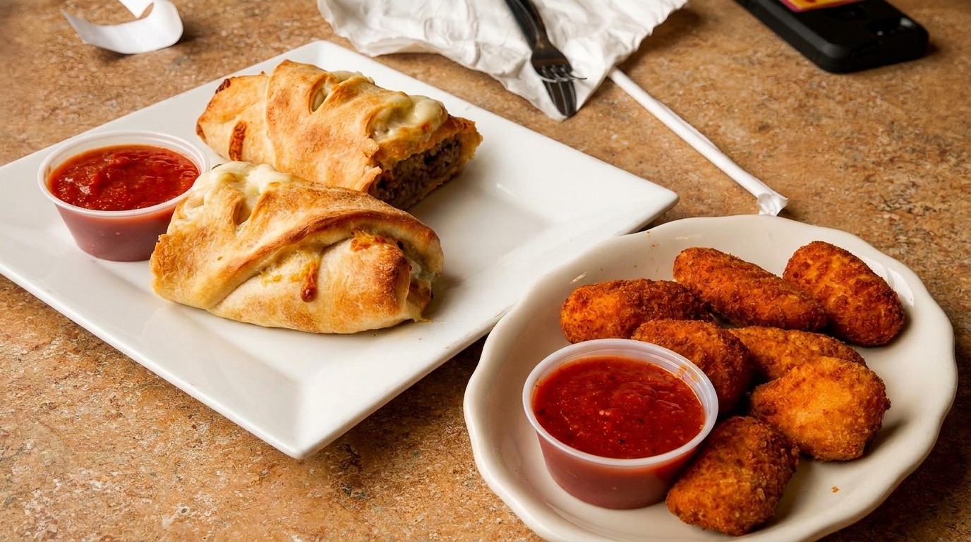 Two calzones and a plate of fried mozzarella sticks, both served with marinara sauce.
