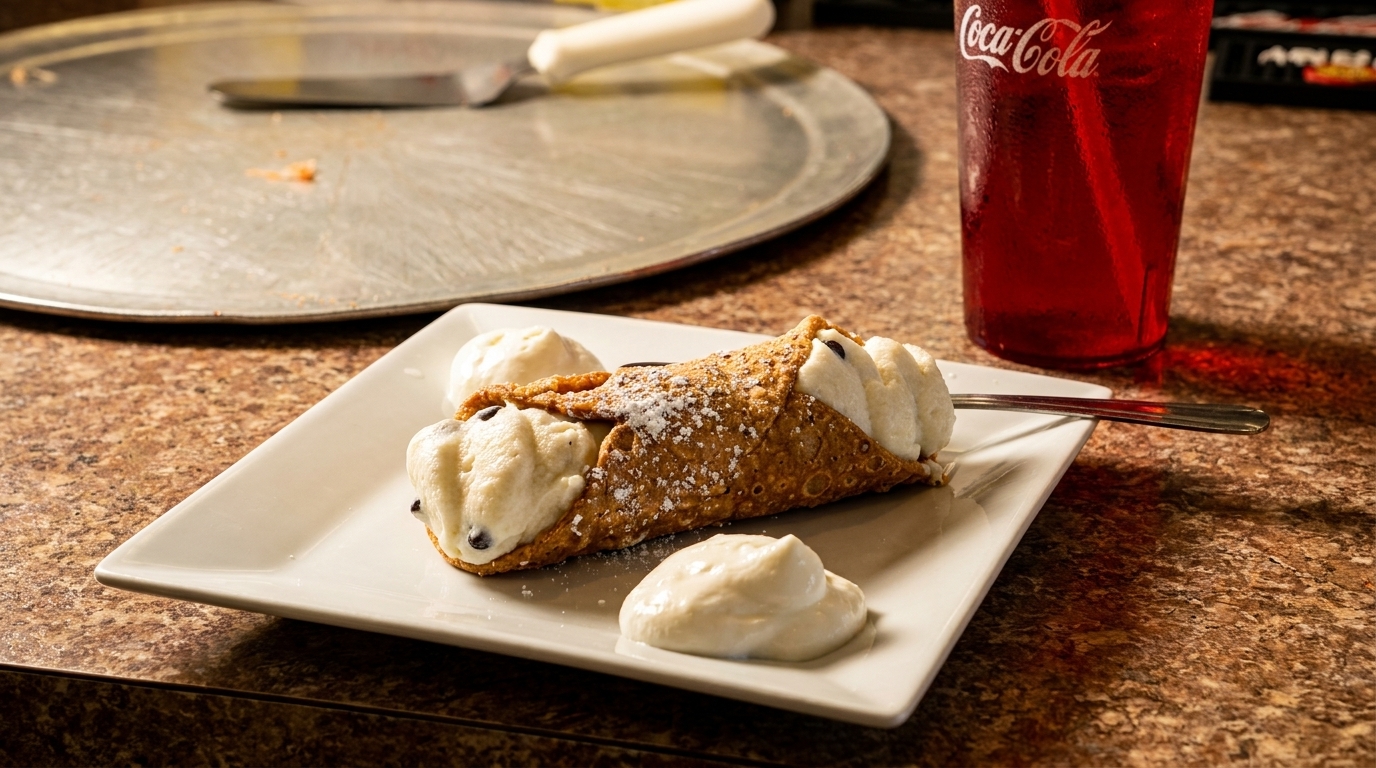 A cannoli dessert with powdered sugar and cream on a white plate next to a Coca-Cola.