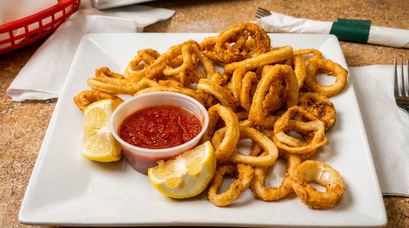 A plate of golden-fried calamari rings with a side of red marinara sauce and lemon wedges.