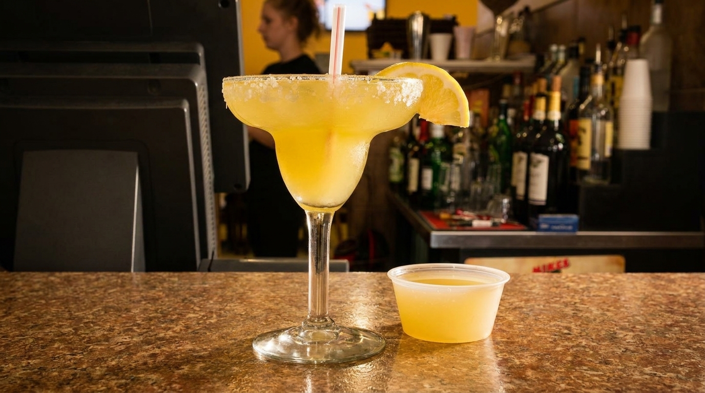 A margarita with a salted rim and lemon slice on a bar counter with bottles in the background.