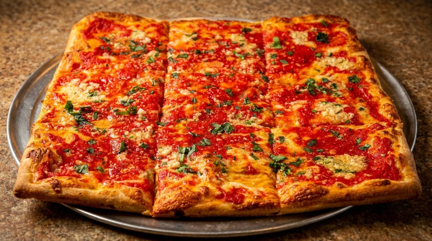 Rectangular Sicilian pizza with bright red sauce, melted cheese, and fresh basil on a metal tray.