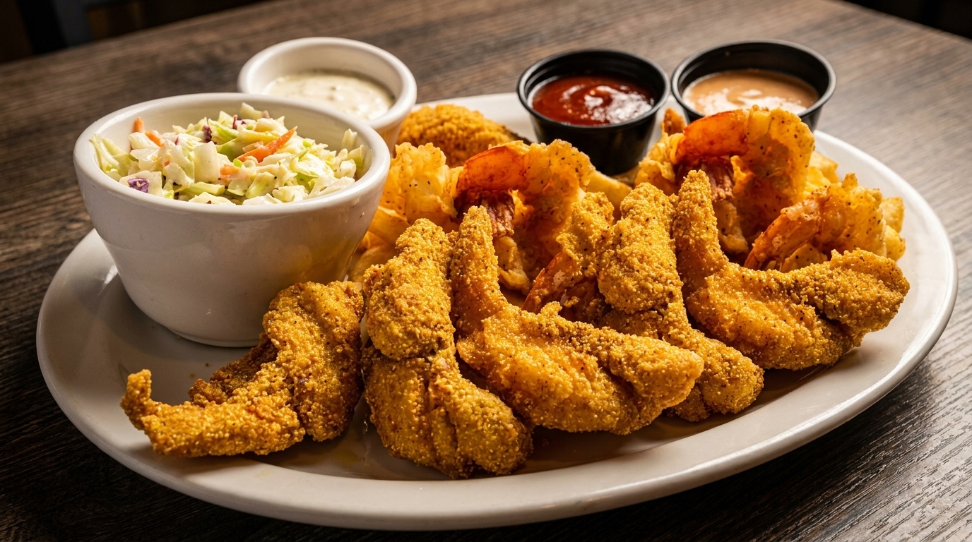 A platter of fried shrimp and fish with coleslaw and dipping sauces on a wooden table.