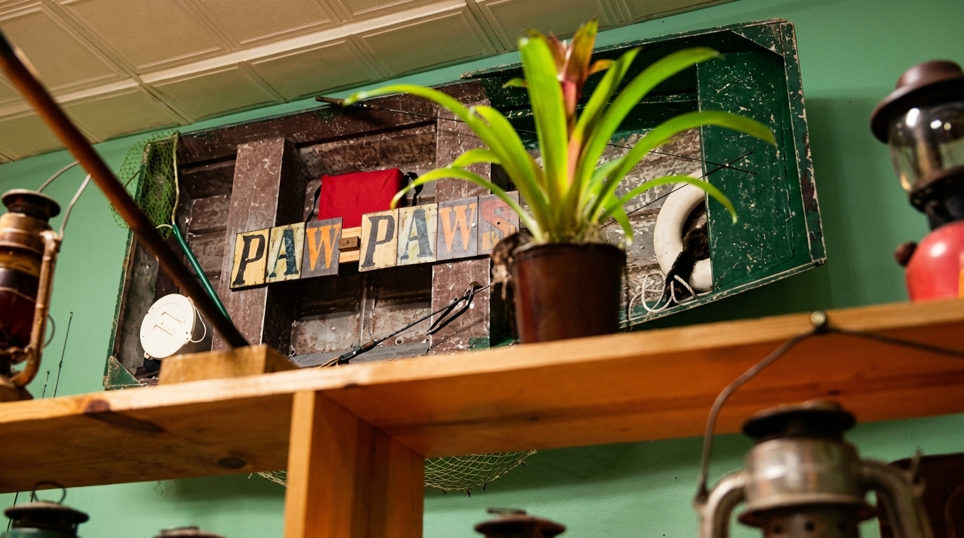 Paw-Paws sign made from license plates, fishing gear, and a potted plant on a green wall.
