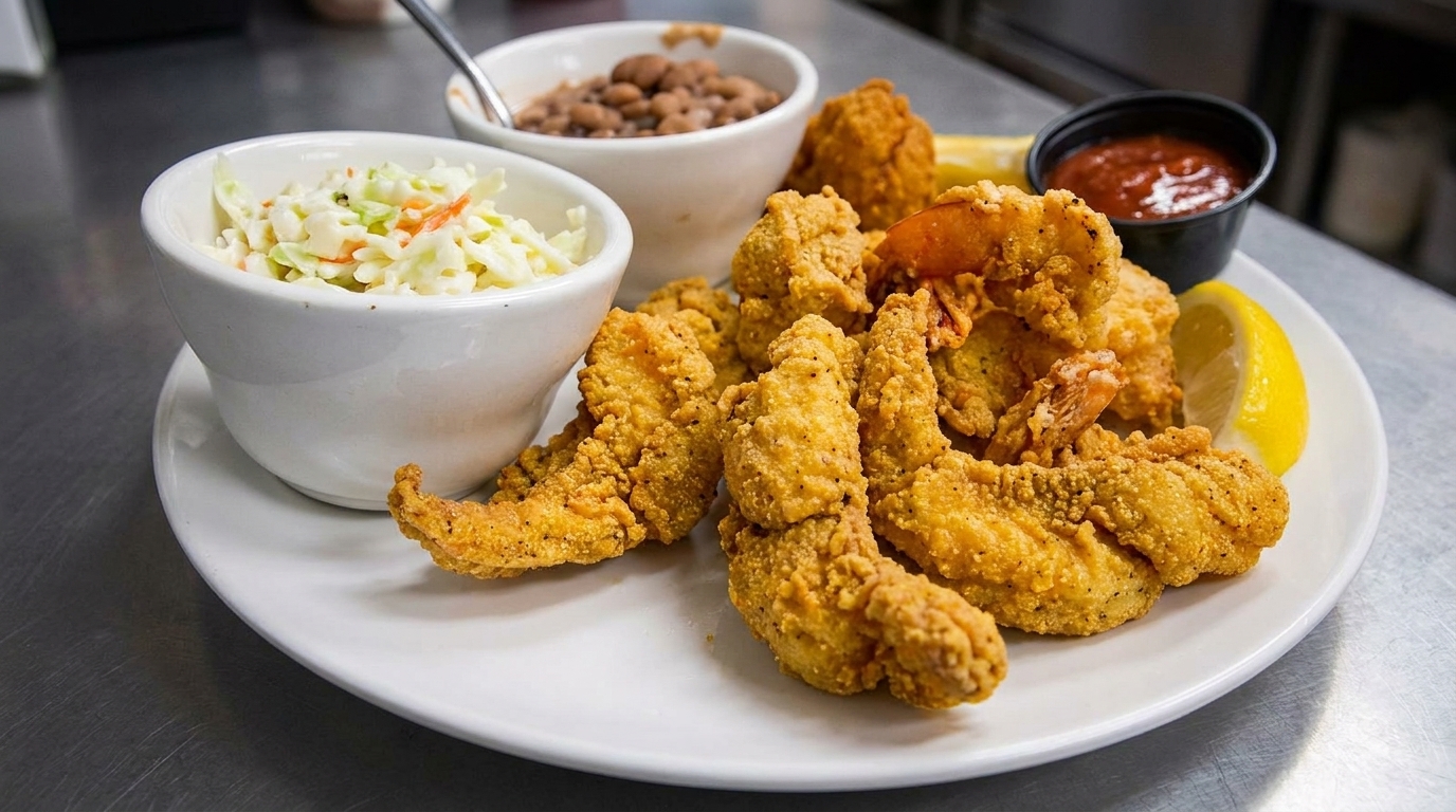 A plate of fried shrimp and fish, with sides of coleslaw, baked beans, cocktail sauce, and lemon.