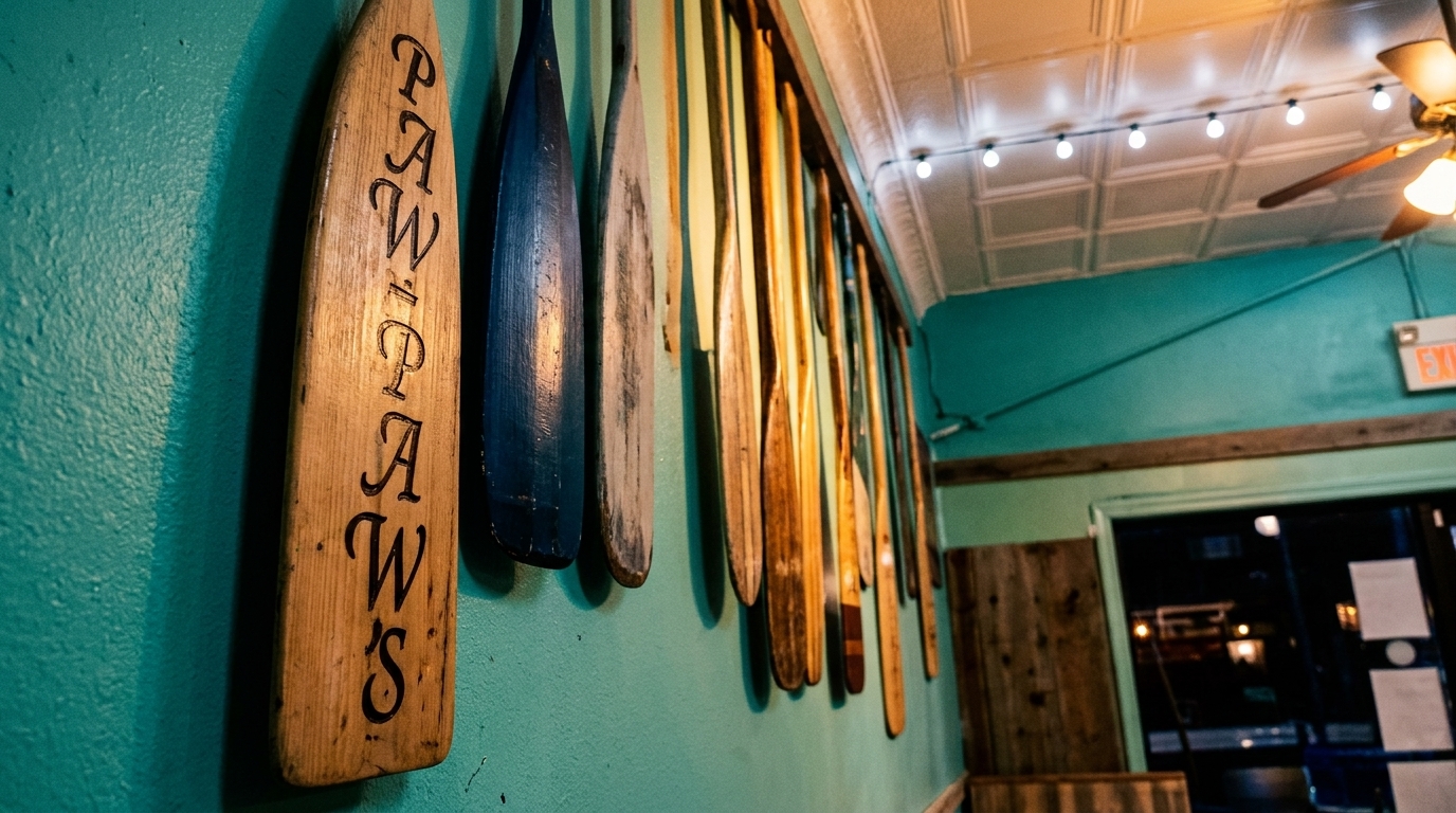 Paw Paw's paddle hanging on a teal wall with string lights and a ceiling fan.