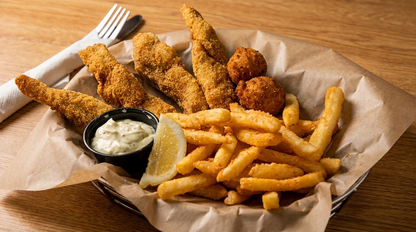 A basket of golden-fried fish fillets, hushpuppies, and french fries with tartar sauce and a lemon wedge.