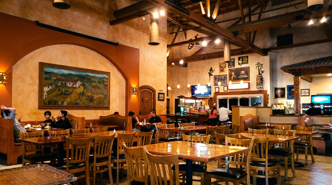Warmly lit Mexican restaurant interior with wooden tables, booths, and a bar area with patrons.