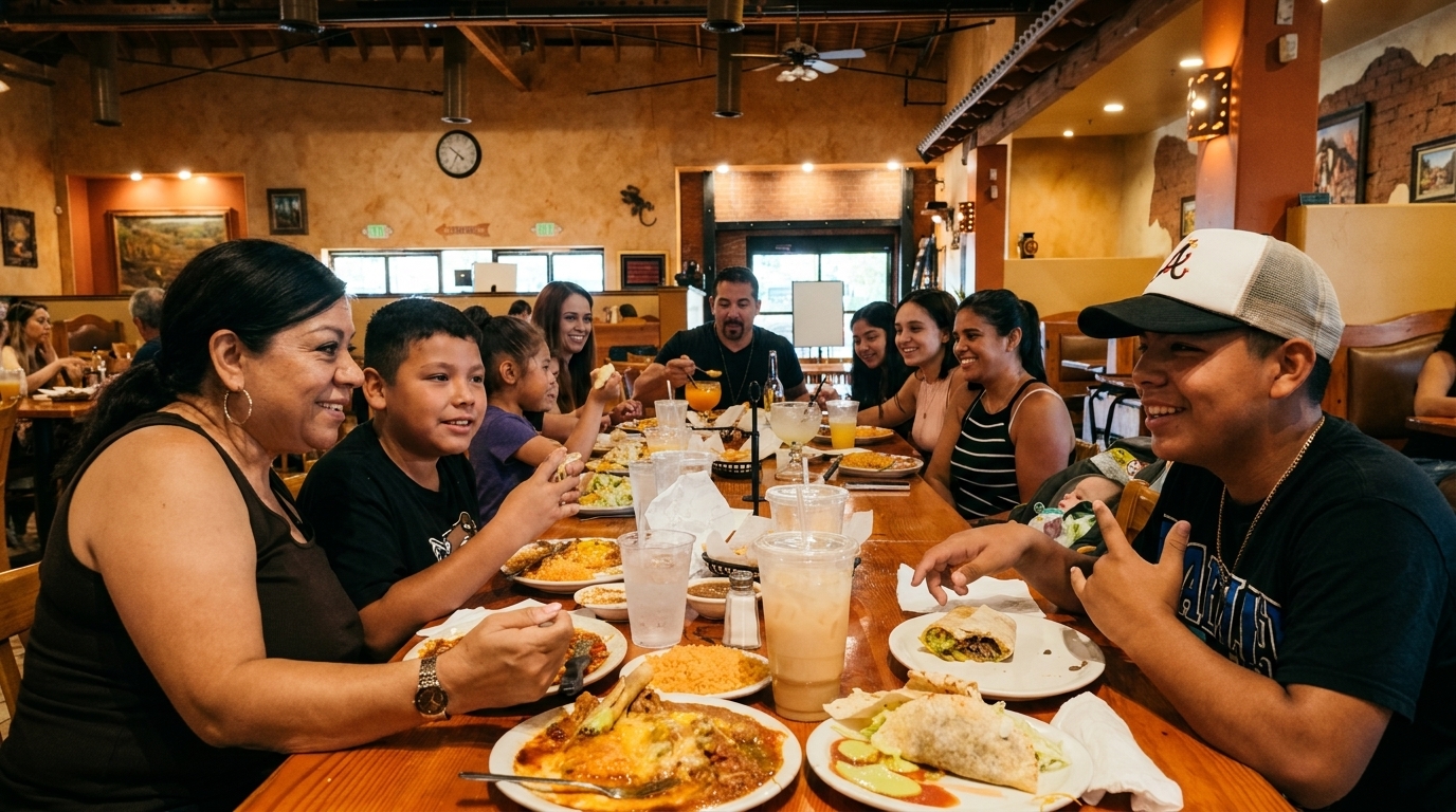 A large family enjoys a meal together at a lively Mexican restaurant.