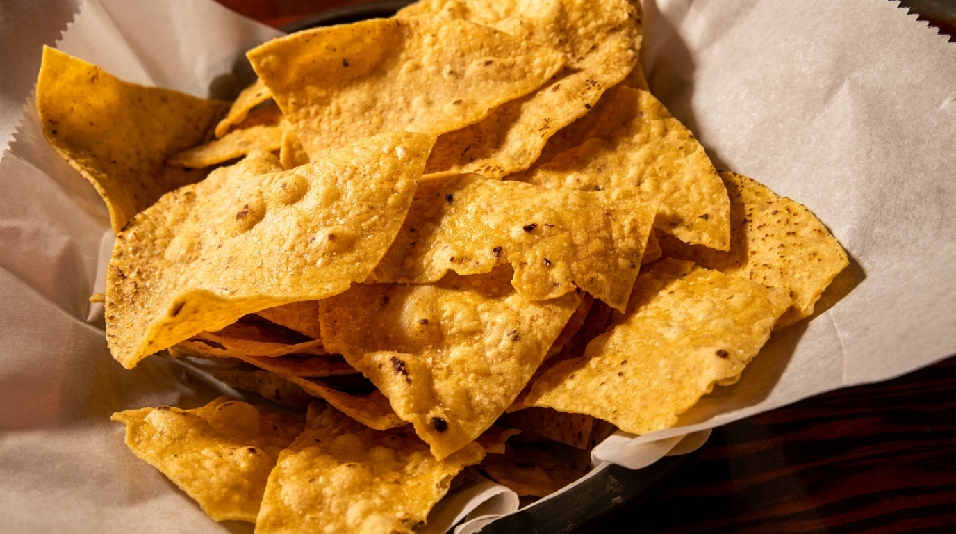 A basket filled with crispy, golden tortilla chips, lined with white parchment paper.
