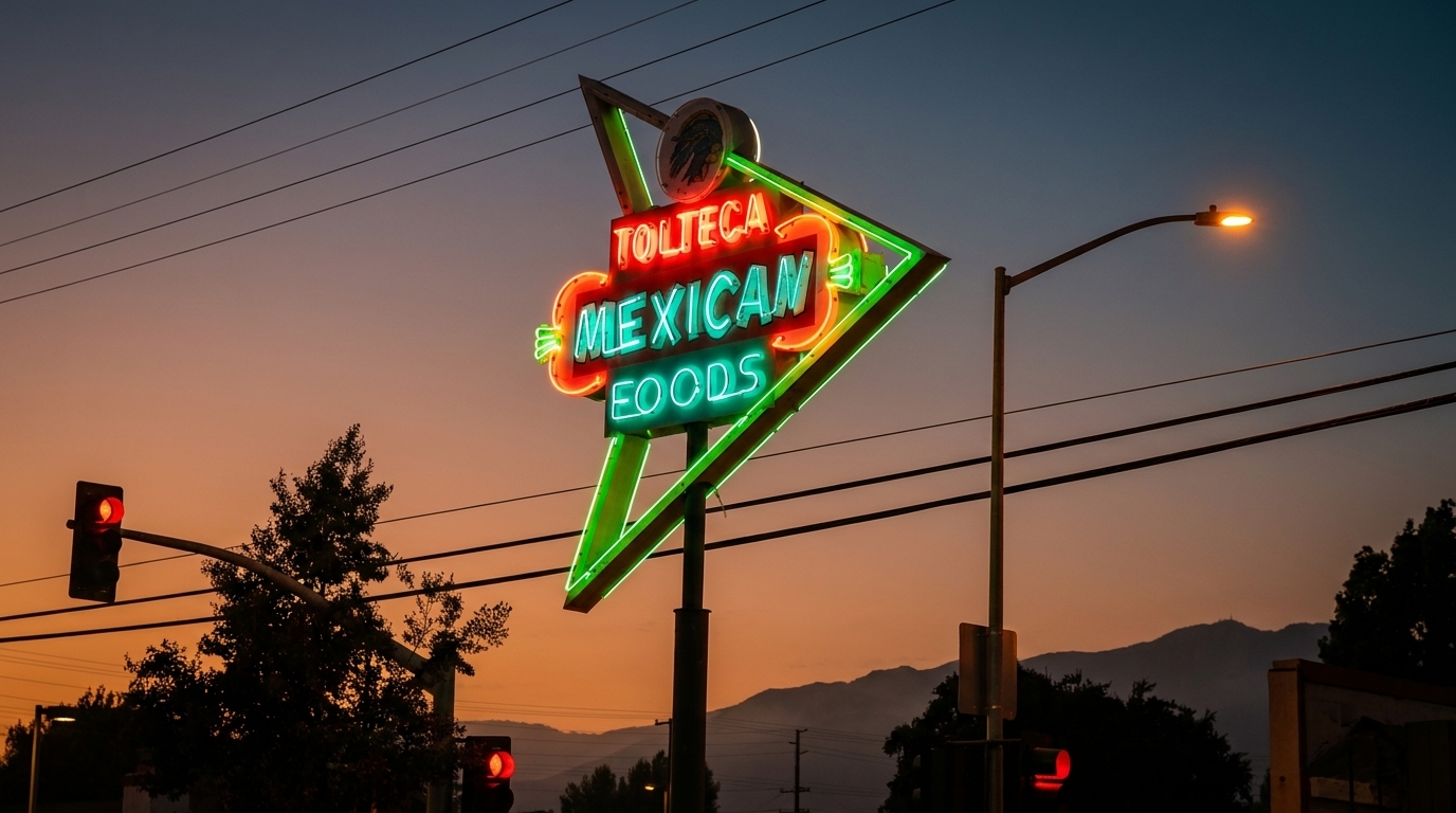 Neon sign for "TOLTECA MEXICAN FOODS" glowing against a twilight sky with mountains in the background.