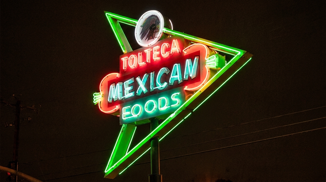 Bright neon sign for Tolteca Mexican Foods, glowing red, green, and blue against a dark night sky.